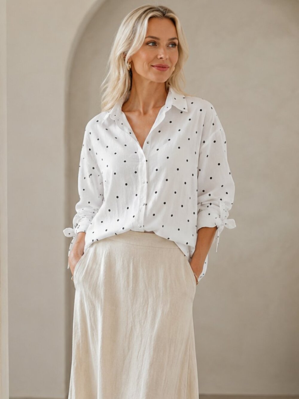 White Black Polka Dot Tie Sleeve Button-Up Blouse Relaxed Fit Size: L